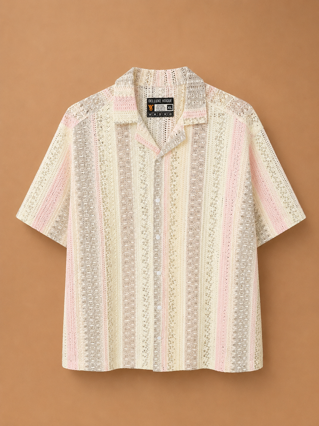 DV Vintage Neck Pastel Lace-Stripe Shirt